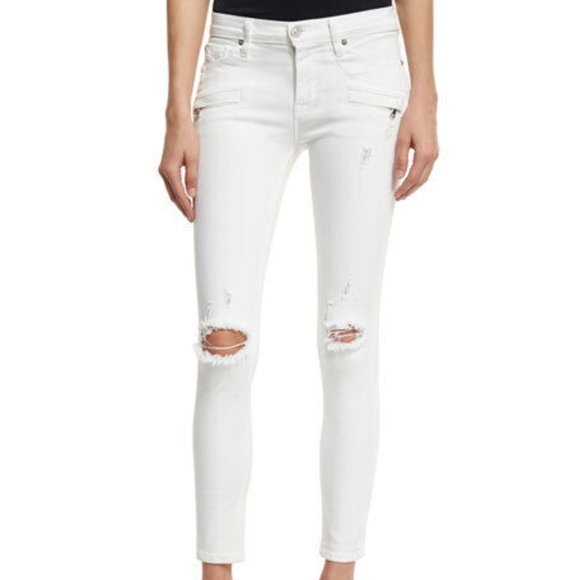 Hudson Roe Mid-Rise Super Skinny Ankle Jeans Ripped Knee Stretch Ivory Women 27‎ - Picture 1 of 12